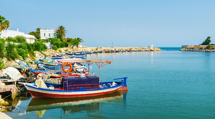 Gekleurde vissersbootjes in Punic port, Carthage