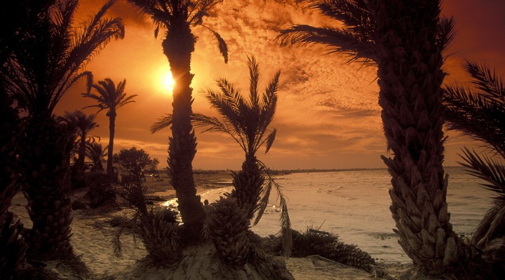 Ondergaande zon op het strand van Tunesië