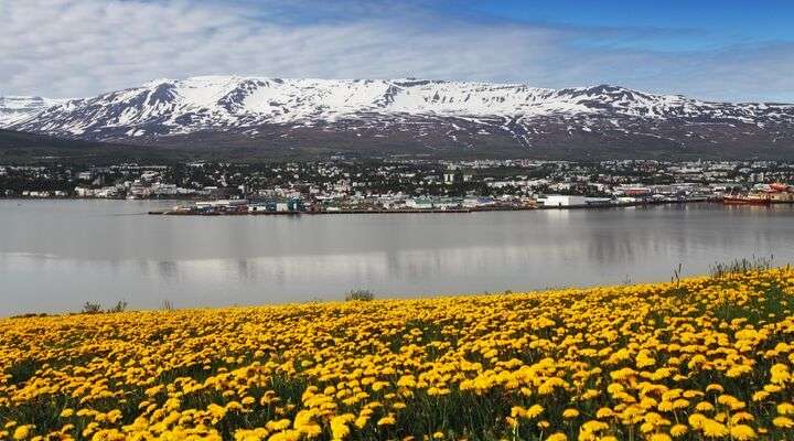 Skyline Akureyri aan het water, IJsland